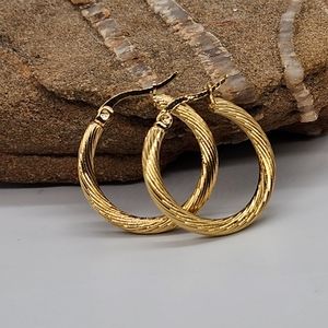 Gold Textured Twisted Hoops Earrings 14K Gold plated Studs Medium Chunky